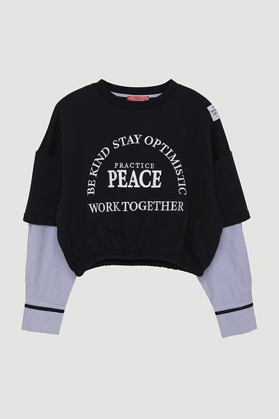 Quzu Navy Blue Sweatshirt - Striped Sleeves and Elastic Waist