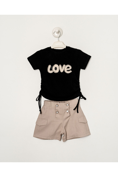 Titimixkids Girl's Top and Bottom Set Love Written Stone Detailed T-Shirt Shorts Age 2-5