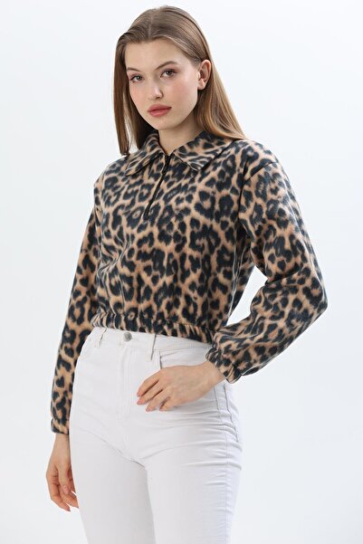 CALİENTE Leopar Desen  Yarım Fermuarlı Polar Sweatshirt