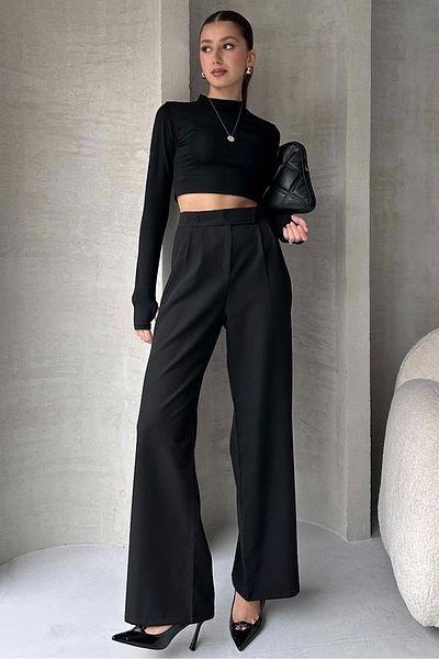 miyase life Women's Black High Waisted Velcro Waist Palazzo Pants - with Pockets