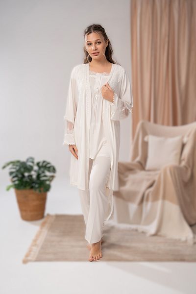 Pelin Women's Lace Detailed Stylish Classic Maternity Maternity Dressing Gown 3-Piece Pajama Set