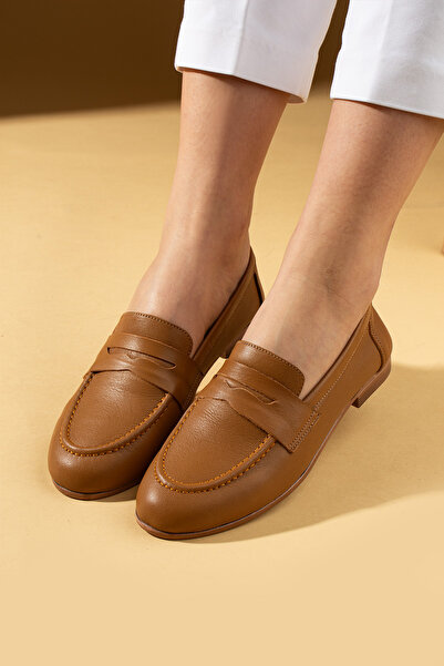 Pembe Potin Women's Ballerinas Genuine Leather Tan Loaferlightweight Comfortable Sole Casual Shoes