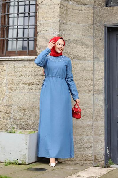 MİSSKAYLE Pearl Detailed Hijab Open Denim Dress