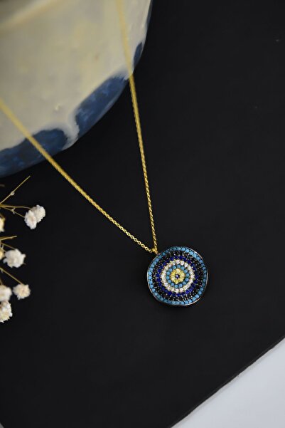 Papatya Silver 925 Ayar Gümüş Altın Kaplama Taşlı Dalgalı Nazar Kolye