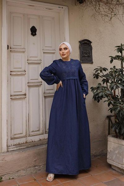 MİSSKAYLE Dark Color Hijab Denim Dress - Pearl Detailed