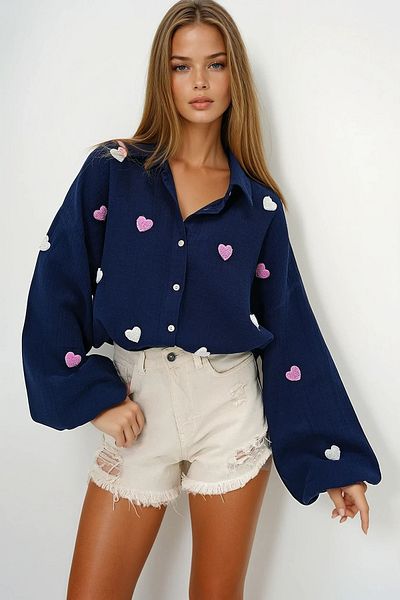 VAGGON Women's Navy Blue Süzene Heart Embroidered Oversize Muslin Linen Shirt Prmx13791