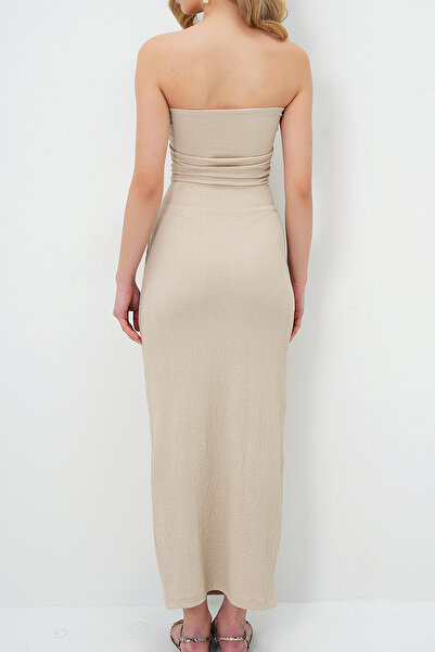 VAGGON Γυναικείο Κρεμ τυλιγμένο ύφασμα, στράπλες καλοκαιρινό φόρεμα