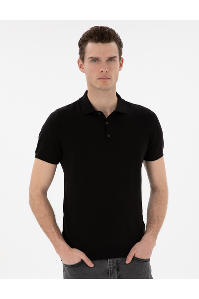 Pierre Cardin Siyah Slim Fit Düğmeli Polo Yaka Triko Tişört 50307320-VR046