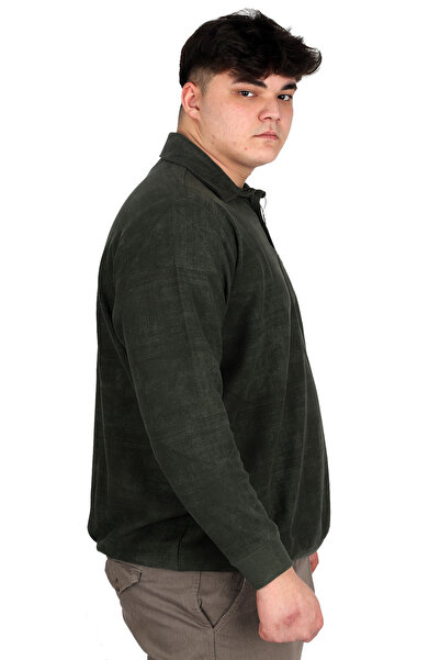 ModeXL Mode XL Büyük Beden Erkek Polo Yaka Sweatshirt Baskılı Selanik U24440 Haki