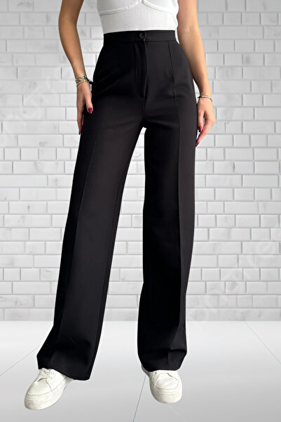 NEDE MODACIN Černé dámské kalhoty Palazzo s vysokým pasem na knoflíky