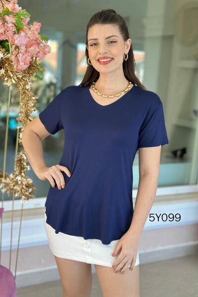 İnce Topuk تيشيرت أساسي من الخيزران برقبة على شكل حرف V 5y099