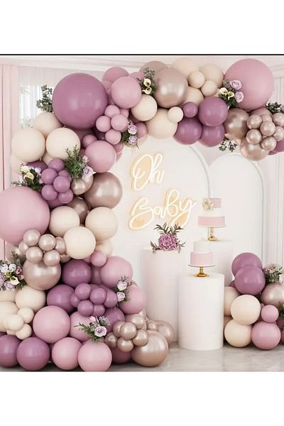 Çemrek Süs Parti Powder Pink Sea Sand Rose Chrome Balloon Chain Set Including 103 Jumbo Balloons