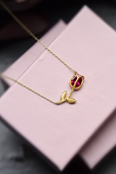 Papatya Silver 925 Ayar Gümüş Gold Kaplama Fuşya Taşlı Lale Kolye