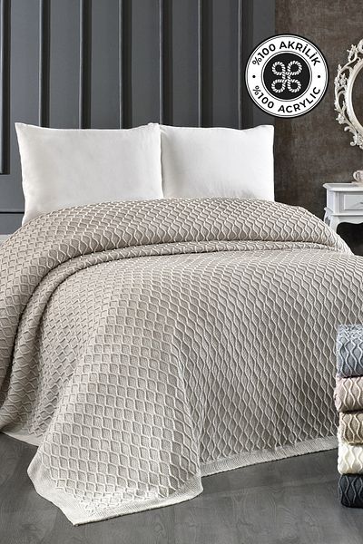 Evlen Home Knitwear Acrylic Knitted Blanket Double 220 X 240 cm Bedspread Pique Poly Beige