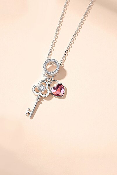 Papatya Silver 925 Ayar Gümüş Rodyum Kaplama Pembe Kalp Anahtar Halka Kolye