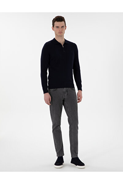 Pierre Cardin Navy Blue Slim Fit Zippered Polo Collar Wool Blend Basic Knitwear Sweater 50312570-Vr033