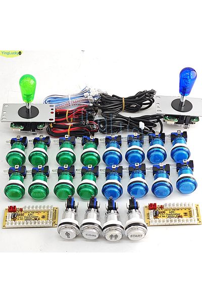 Choice مجموعة ألعاب أركيد DIY للاعبين 2 باللون الأخضر والأزرق للكمبيوتر الشخصي Raspberry Pi مع أزرار ضغط LED أمريكية