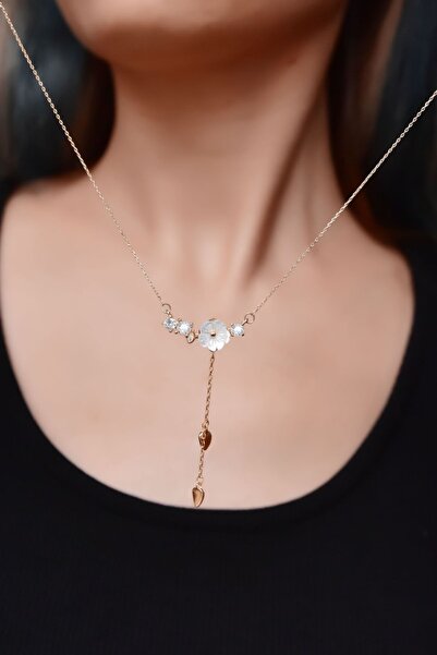 Papatya Silver 925 Ayar Gümüş Rose Kaplama Tasarım Zincir Sallantılı Taşlı Se...