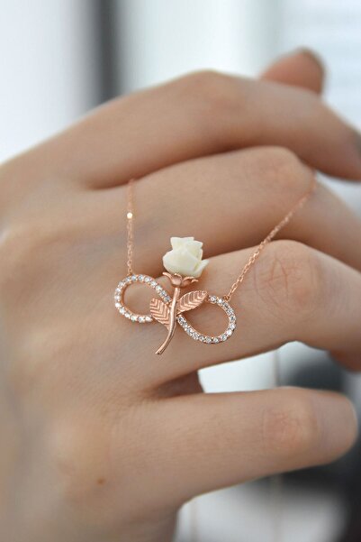 Papatya Silver 925 Ayar Gümüş Sonsuzluk Rose Beyaz Mercan Gül Kolye