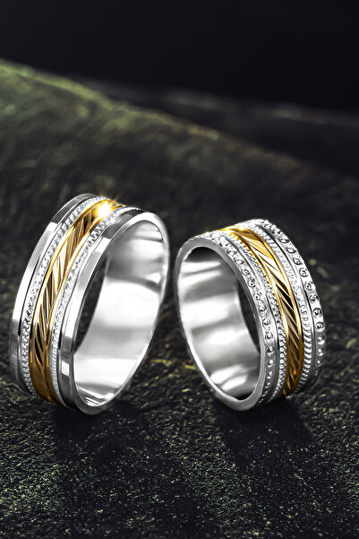 OSMANLI GÜMÜŞ Erkek Kadın Gümüş Alyans - Altın Renk Geçişli İşlemeli Erkek Ka...