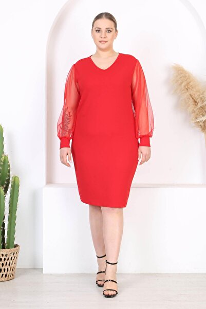 Madwilo Women's Red Tulle Sleeve Detail V-Neck Stretchy Plus Size Dress