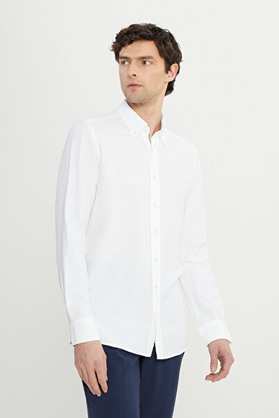 ALTINYILDIZ CLASSICS Men's White Slim Fit Slim Fit Button Collar Dobby Seersucker Patterned Shirt