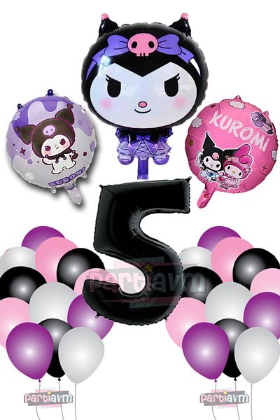 PARTİAVM 5 Year Old Kuromi Theme Balloon Pink Black White Purple Balloon - Black Number Balloon and Printed Foil Balloon