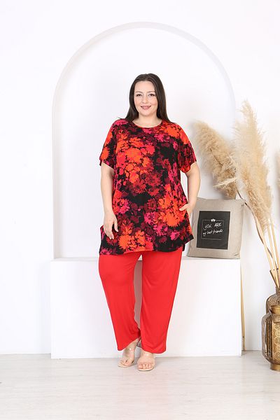 XL Modam Women's Lycra Red Patterned Suit