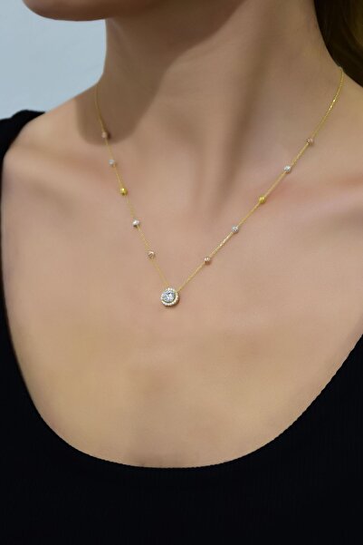Papatya Silver 925 Ayar Gümüş Gold Kaplama Üç Renk Dorika Toplu Zirkon Tektaş Kolye