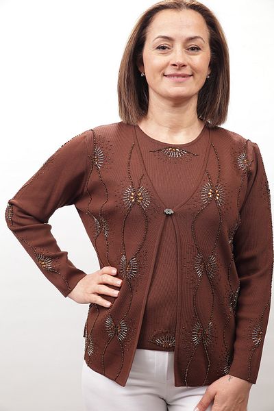 Sude Women's Plus Size Handwork Knitwear Suit Brown 6527