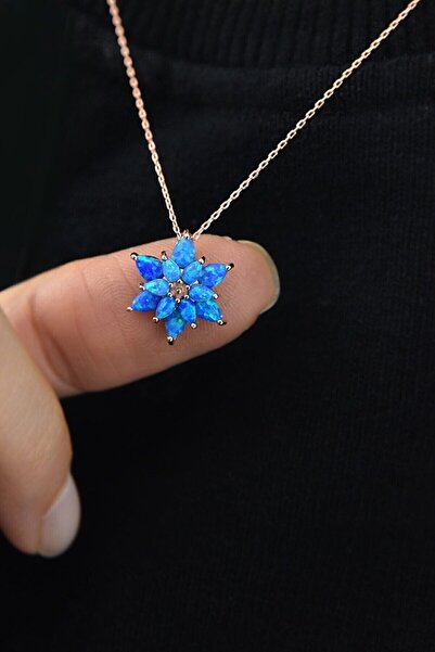 Papatya Silver 925 Ayar Gümüş Mavi Opal Taşlı Yasemin Çiçeği Kolye