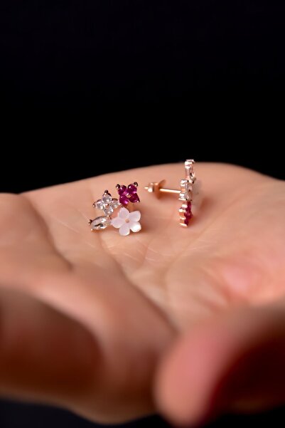 Papatya Silver 925 Ayar Gümüş Rose Kaplama Sedef Manolya Fuşya Beyaz Taşlı Yonca Çiçek Küpe