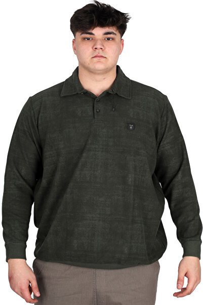 ModeXL Mode XL Büyük Beden Erkek Polo Yaka Sweatshirt Baskılı Selanik U24440 Haki
