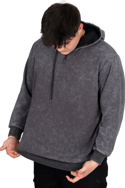 ModeXL Чоловічий світшот з капюшоном - Модель XL, великий розмір, кислотне прання, інтерлок U24167, димчастий