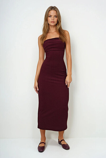 VAGGON Women's Plum Burlap Strapless Dress Prmx13413