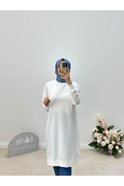 BÜRDE Label Printed Ecru Color Long Basic Sweatshirt