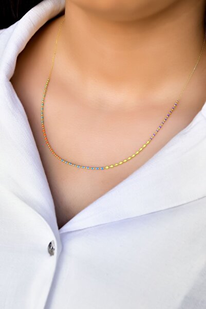 Papatya Silver 925 Ayar Gümüş Gold Kaplama Top Zincirli Renkli Mineli Kolye