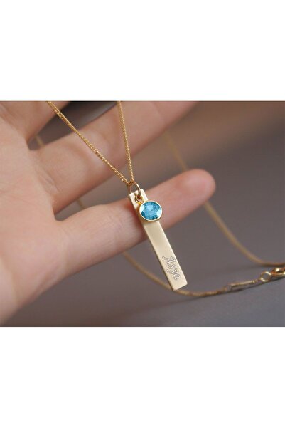Papatya Silver 925 Ayar Gümüş Altın Kaplama Mavi Doğum Taşı Plaka Isimli Kadın Kolye