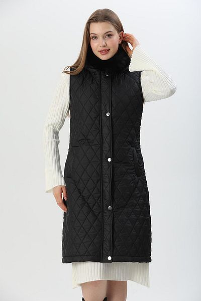 CALİENTE Hooded Quilted Long Vest Black