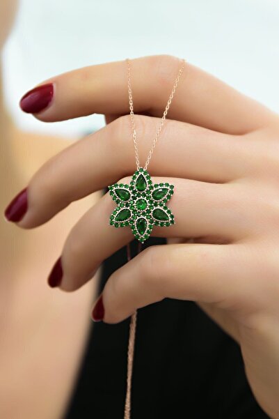 Papatya Silver 925 Ayar Gümüş Rose Kaplama Yeşim Taşı Damla Lotus Kolye