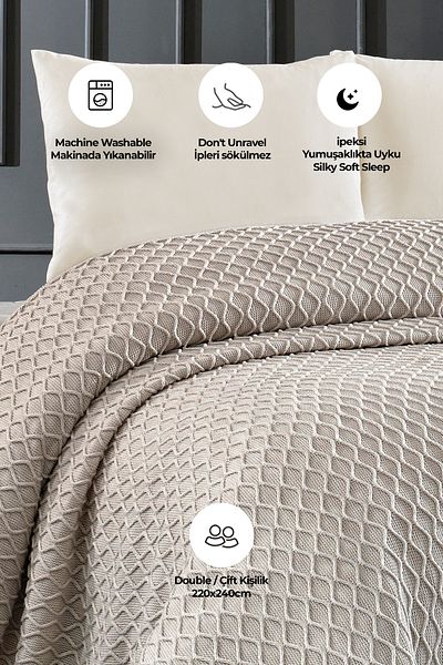 Evlen Home Knitwear Acrylic Knitted Blanket Double 220 X 240 cm Bedspread Pique Poly Beige