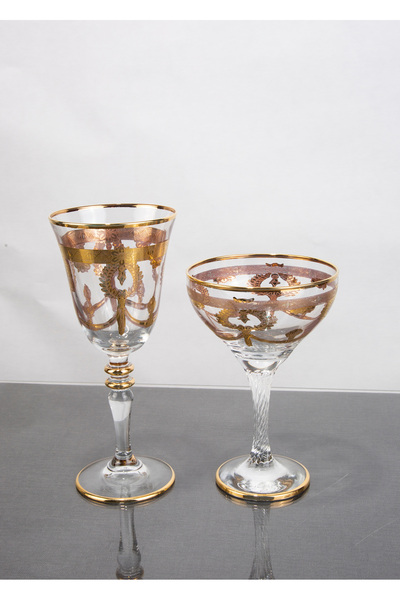 ARGKRİSTAL GOLD DETAYLI EL İŞLEMESİ 24 AYAR ALTIN 12 LI MEŞRUBAT VE DONDURMALIK CAM PAŞABAHÇE MARKADIR SARMAŞIK