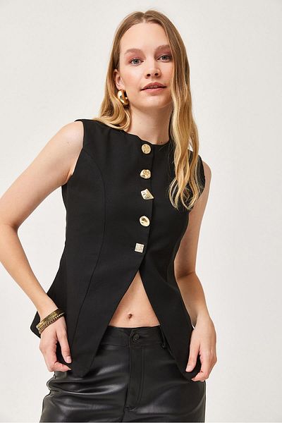 CALİENTE Lined Sewing Detailed Vest with Different Button Details Black