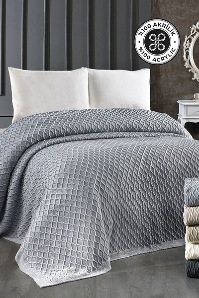 Evlen Home Knitwear Acrylic Knitted Blanket Double 220 X 240 cm Bedspread Pique Poly Gray