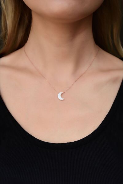 Papatya Silver 925 Ayar Gümüş Rose Kaplama Beyaz Opal Taş Hilal Kadın Kolye