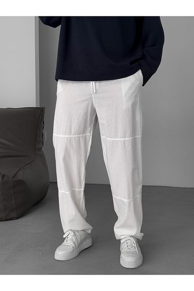 BYBASICMAN بنطال فضفاض مريح - أبيض مع خياطة JJ-96