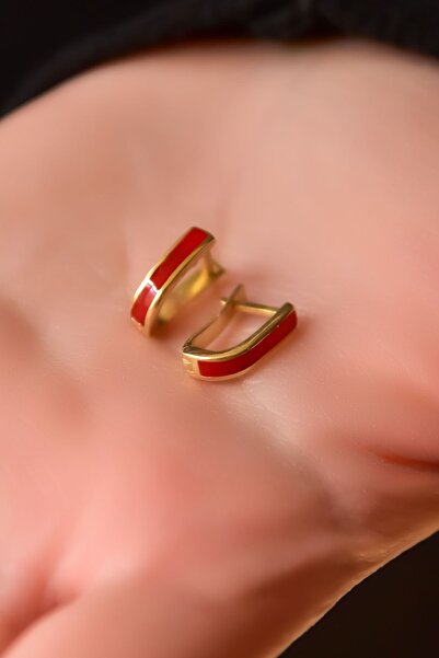 Papatya Silver 925 Ayar Gümüş Gold Kaplama Kırmızı Mineli Dikdörtgen Halka Küpe