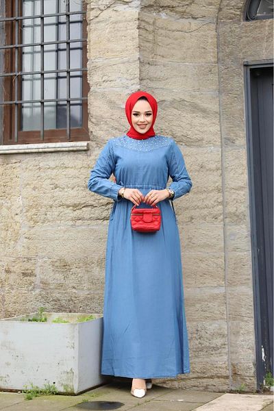 MİSSKAYLE Pearl Detailed Hijab Open Denim Dress