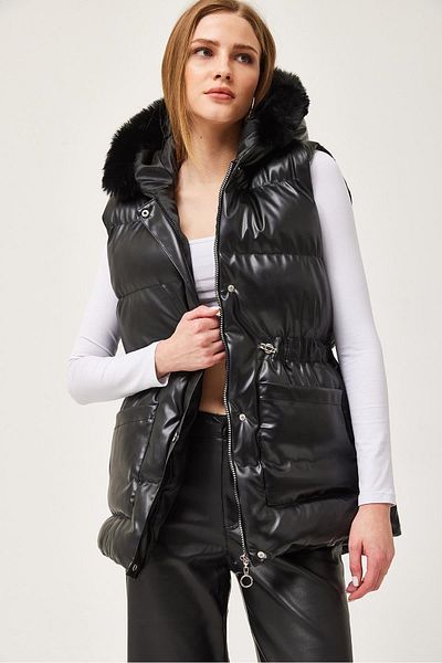 CALİENTE Faux Leather Inflatable Vest with Fur Collar 	 Black