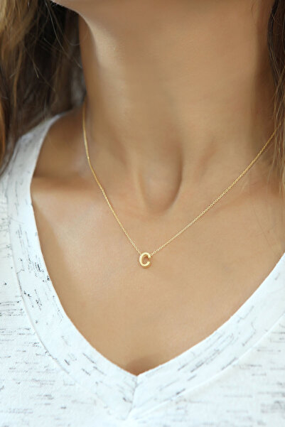 Papatya Silver Harf Kolye Üç Boyutlu C Harfi Altın Kaplama 925 Ayar Gümüş